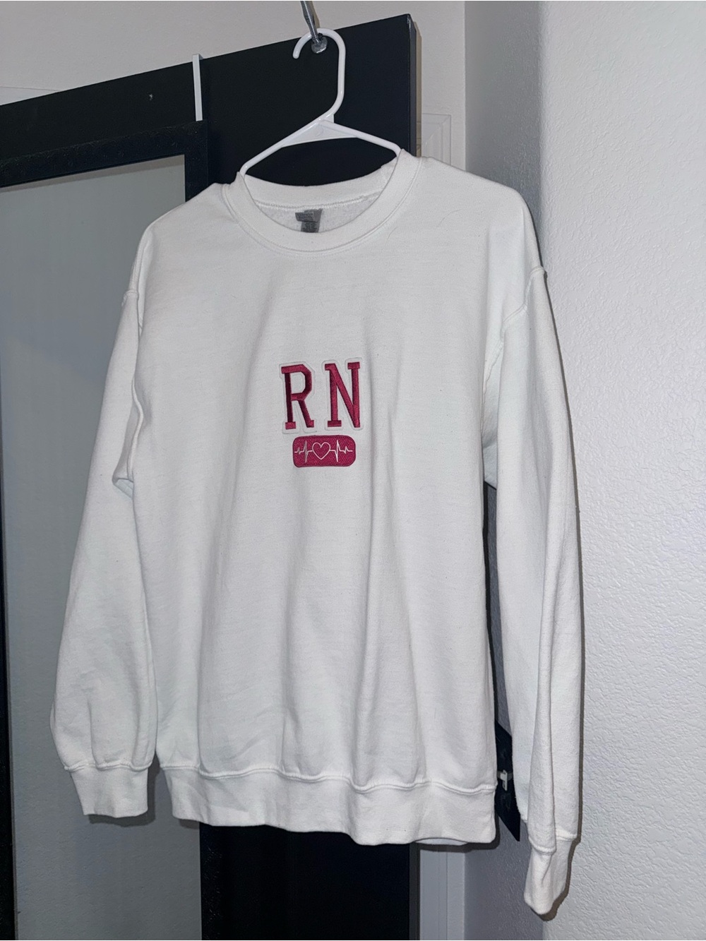 RN Embroidered White Crewneck Sweatshirt